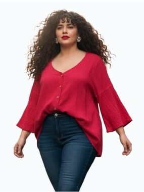 MARIA Vibrant Pink Cotton Button-Down High Low Tunic Top - Size 2X - Lagenlook